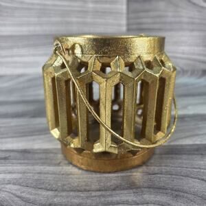 VTG 90s Gold Cast Metal Geometric Lantern Candle Holder Hanging Wire Handle